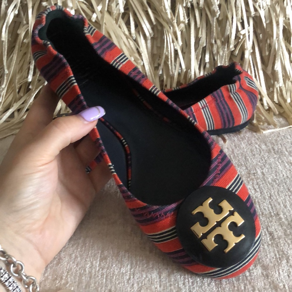 Tory Burch Reva Bauer Stripe Printed Canvas Flats - Picture 11 of 11